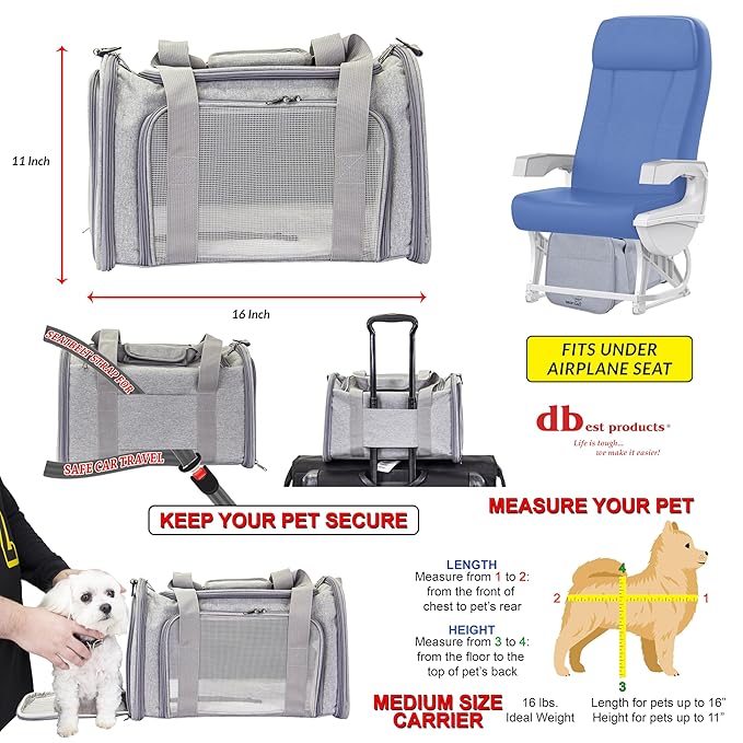 dbest products Pet Smart Cart Sport, Soft Sided Collapsible Cat Carrier Airline Approved with Mesh Panels and Easy Side/Top Loading, Grey