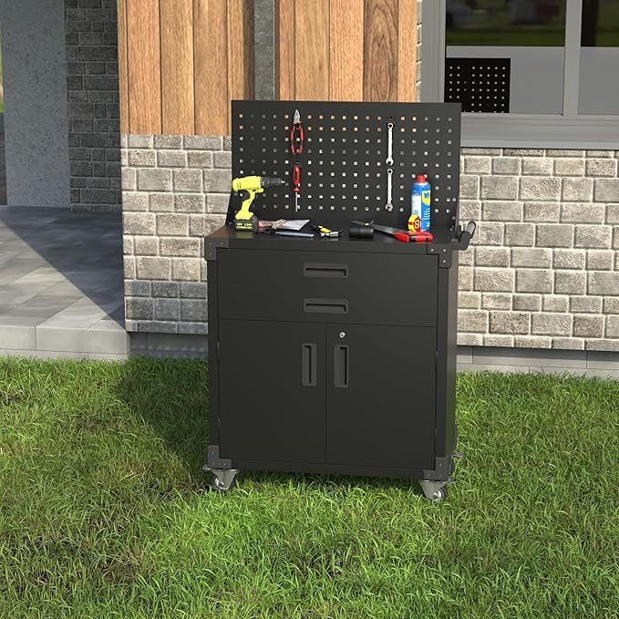 SUXXAN Black Tool Cart with Pegboard and 4 Hooks,Garage Storage Cabinet on Wheels with 2 Drawer,Industrial Service Utility Tool Cart for Mechanics, Garage, Workshop