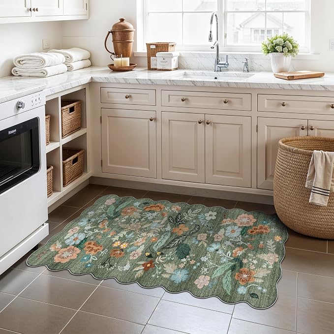 Washable Floral 2x4 Area Rug: Indoor Soft Scalloped Carpet
