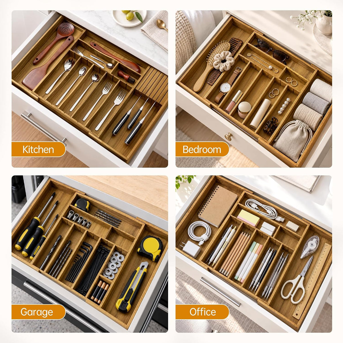 Acacia Expandable Silverware Drawer Organizer, Removable Knife Block