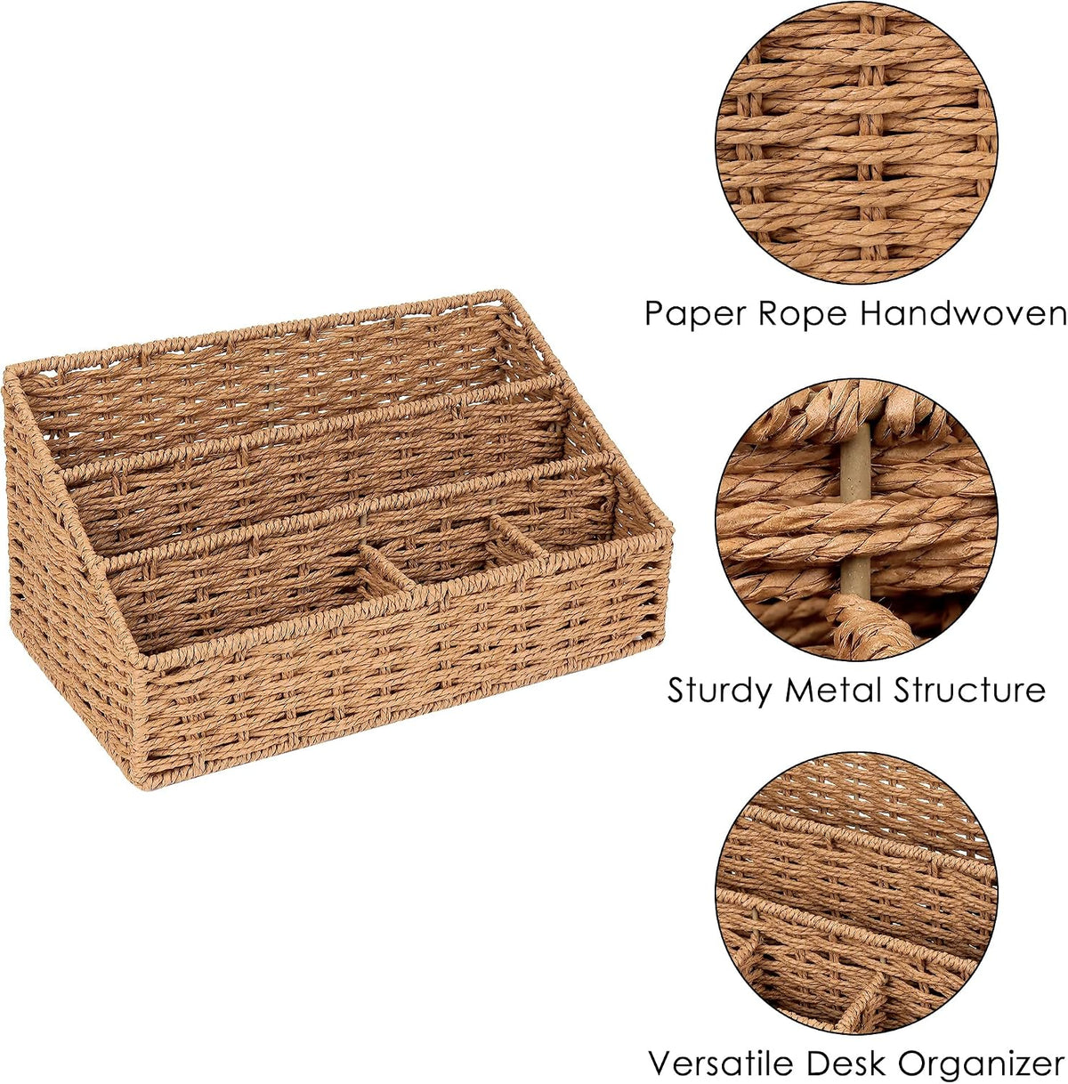 Woven Desk Organizer Basket with 5 Compartments, Rustic Paper Rope Mail Holder with Metal Frame, Storage Caddy for Bills, Pens & Office Essentials