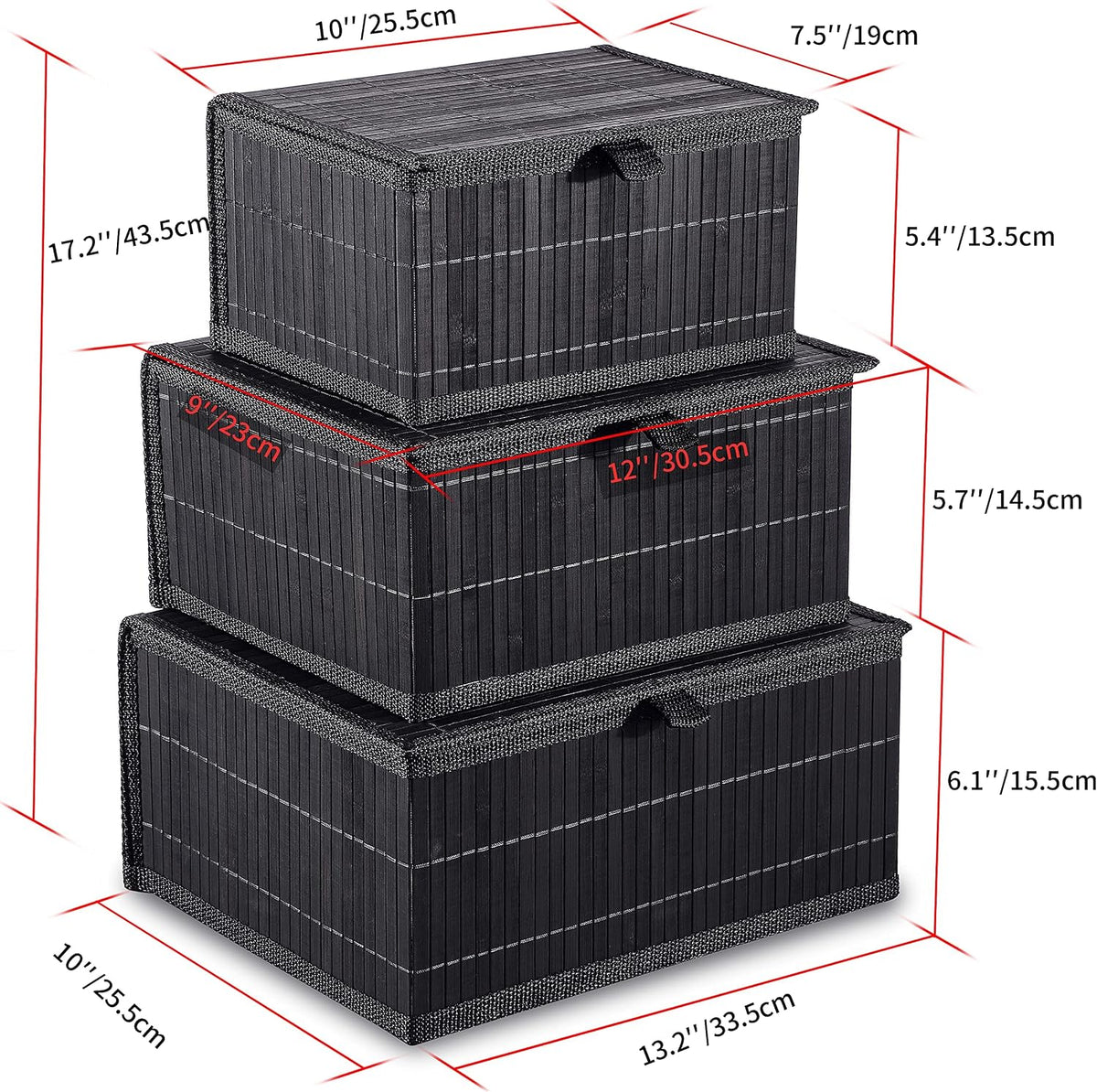 Honygebia Bamboo Decorative Storage Boxes - Set of 3 Woven Lined Storage Basket with Lids, Black Wicker Lidded Baskets for Home Kitchen Shelf Organizer Decor