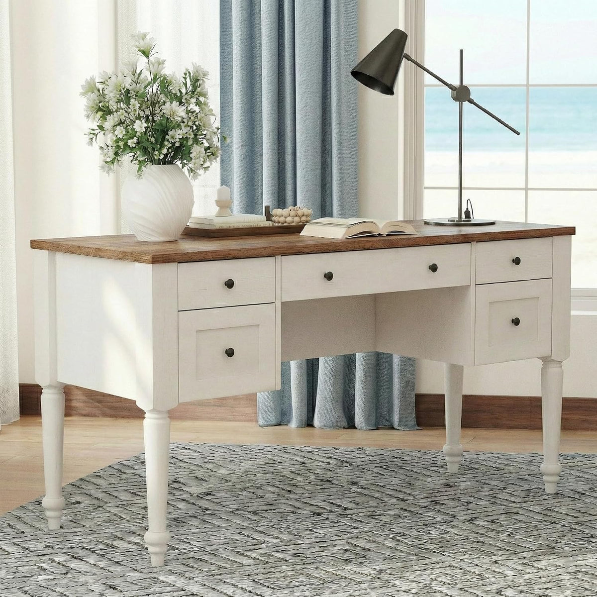 WAMPAT Farmhouse Executive Desk with Charging Station, Off White, 56 Inch