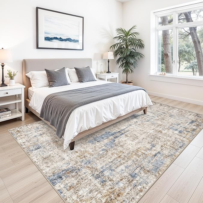 Washable 8x10 Area Rug – Modern Neutral Abstract Soft Non-Slip Stain-Resistant