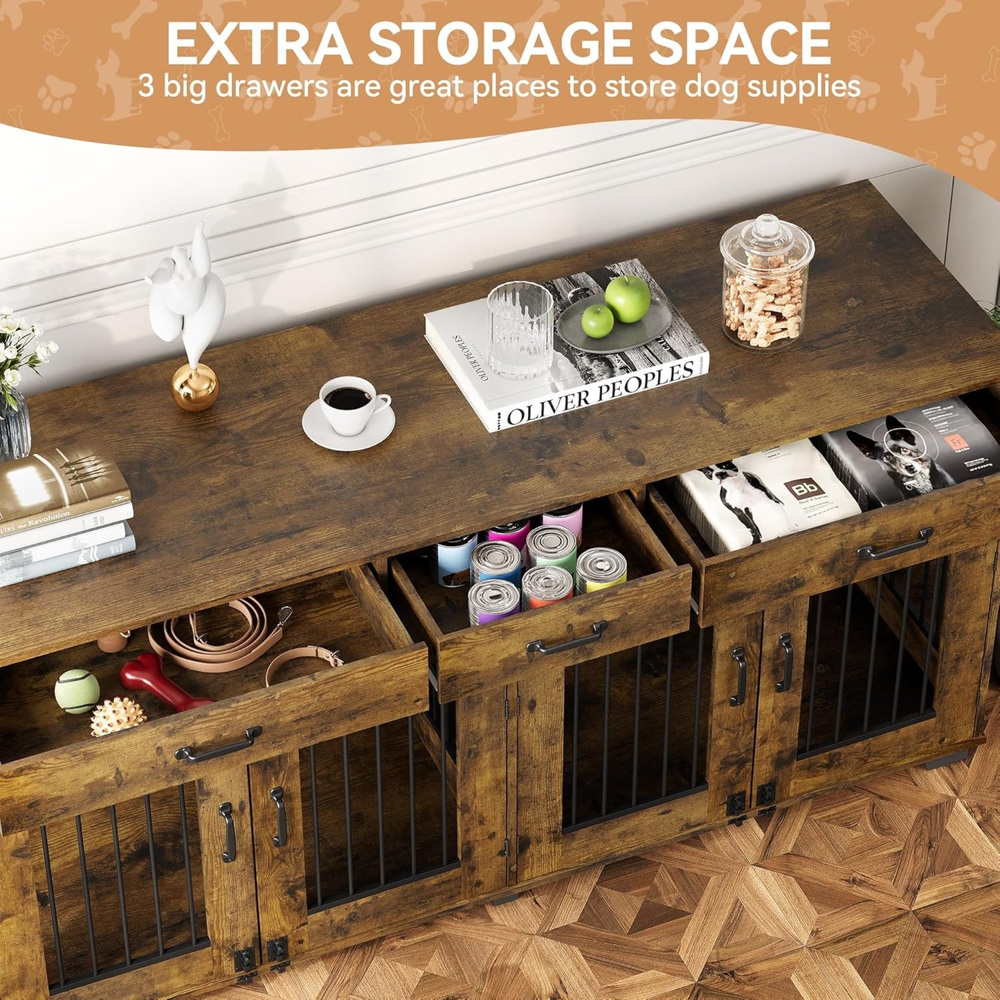 Dog Crate Furniture for 2 Dogs, 71 in XXL Indoor Dog Kennel with 3 Drawers and Removable Room Divider, Wooden Double Dog Crate TV Stand End Table with Double Doors for Large Medium Dogs, Rustic Brown