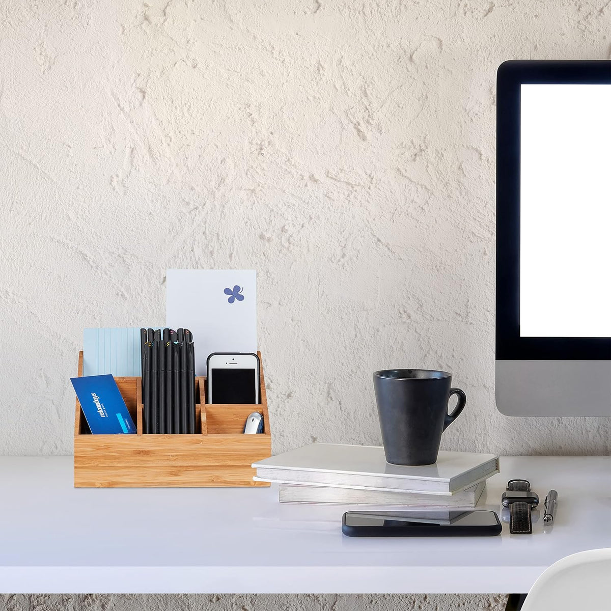Relaxdays Desk Organiser, 6 Compartments for Pens, Notes, Letters, Paperclips and More, Bamboo Stand, Natural