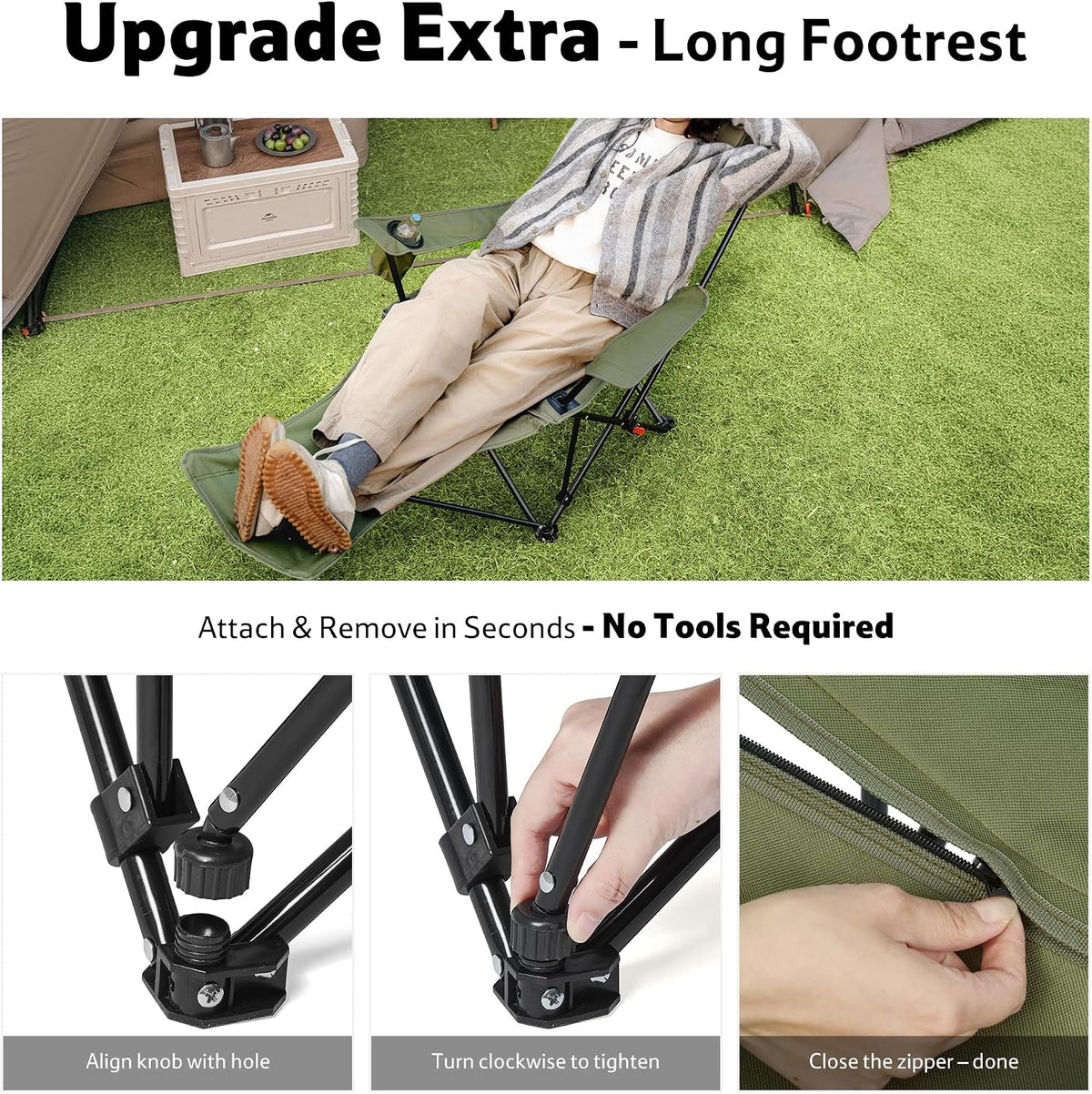 Naturehike 3-Position Adjustable Recliner with Footrest, Heavy Duty Folding Camping Chair, Portable Lounge Chair with Carry Bag, Cup Holder & Side Pocket for Beach, Patio, Lawn – Supports 330 lbs
