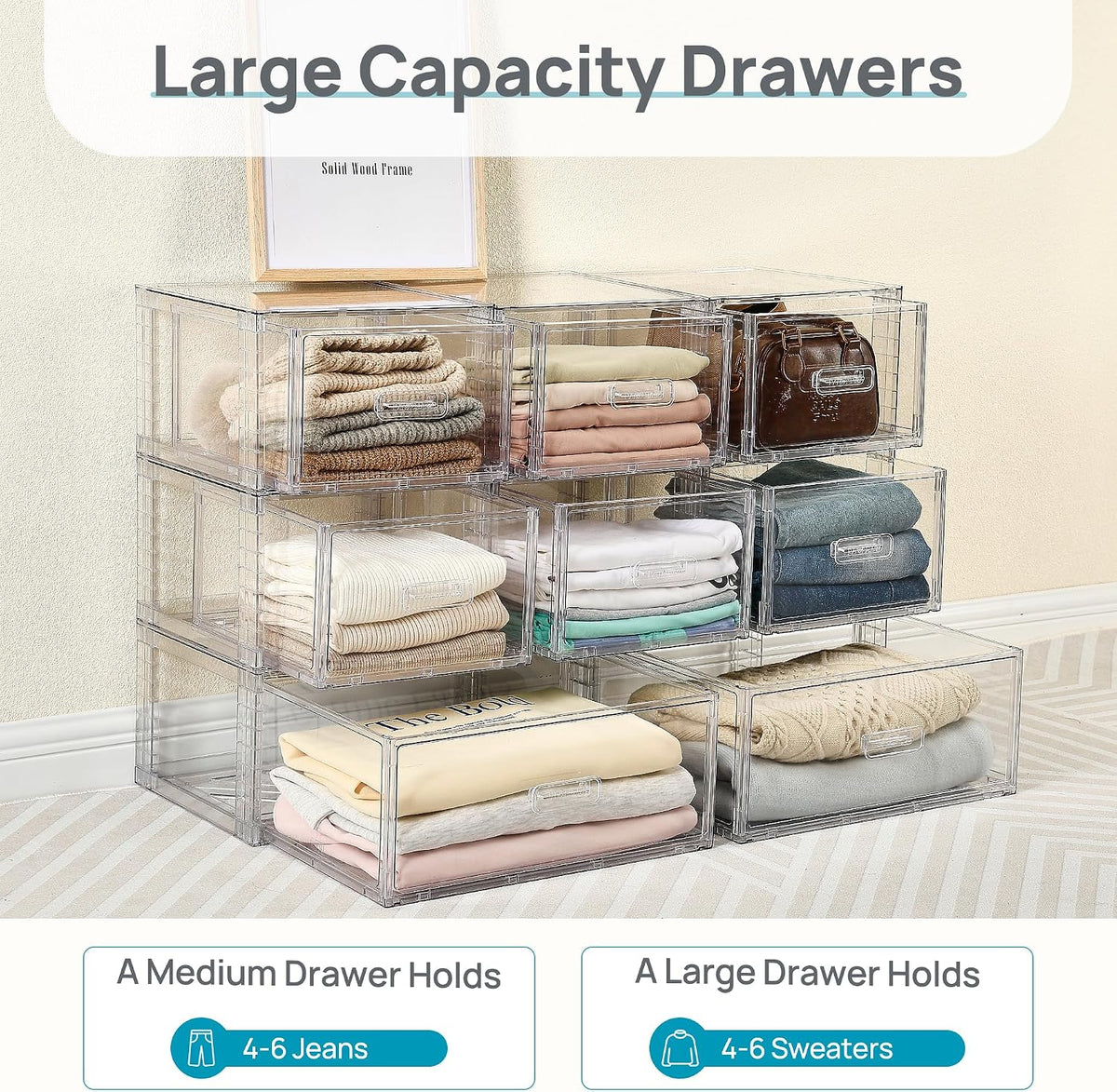 Vtopmart 4 Pack Clear Stackable Closet Storage Drawers 15QT, Medium