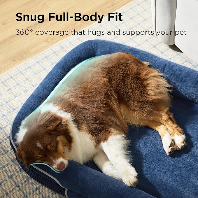 Bedsure Orthopedic Dog Bed Medium Size Dog - 360° Oval Bolster Medium Dogs Beds for Senior Dogs with Waterproof Washable Cover, Comfort Pet Sofa Couch with Ultra-Soft Fleece, Navy Blue, 30"
