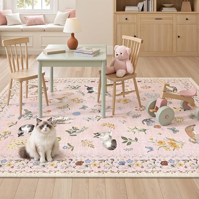 Soalmost Cat 3x5 Area Rugs for Entryway, Machine Washable Animal Floral Accent