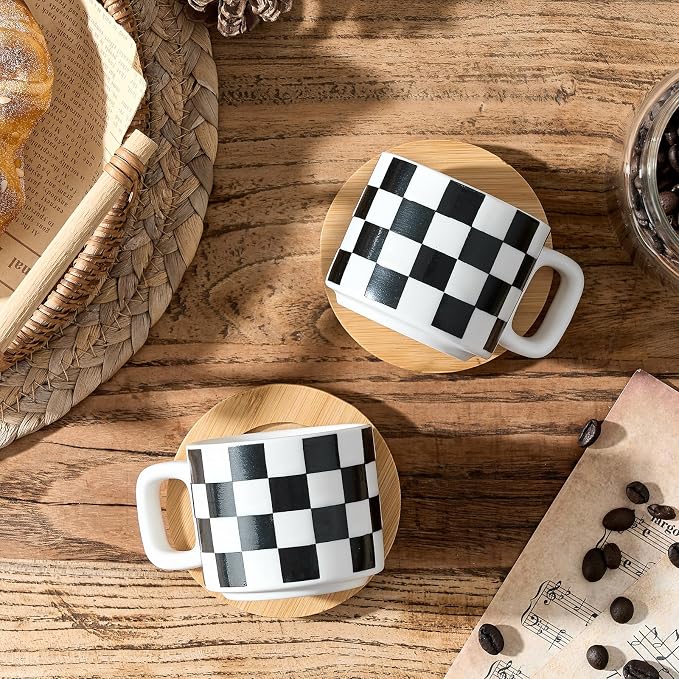 LUKA Porcelain Stackable Black and White Checkered Espresso Cups