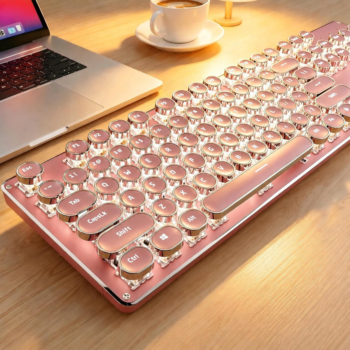 Wireless Typewriter Style Mechanical Keyboard with White Backlit, Pink