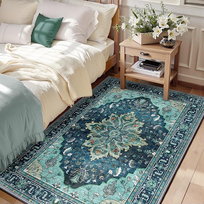 RELEANY Area Rugs 3'x5' Washable Non-Slip, Floral Vintage Distress Medallion