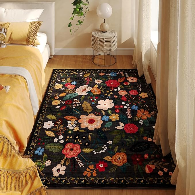 Rugcomf Area Rug 4x6 Rug Washable Boho Rugs Non Slip Low Pile Floral Small