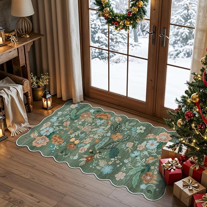 Washable Floral 2x4 Area Rug: Indoor Soft Scalloped Carpet