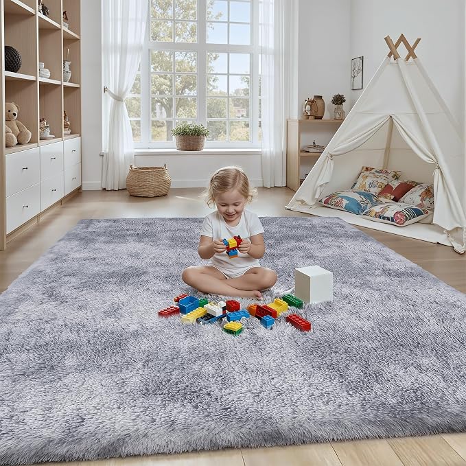 Area Rug for Living Room Bedroom: 6x9 Light Grey Soft Fluffy Shag Upgrade