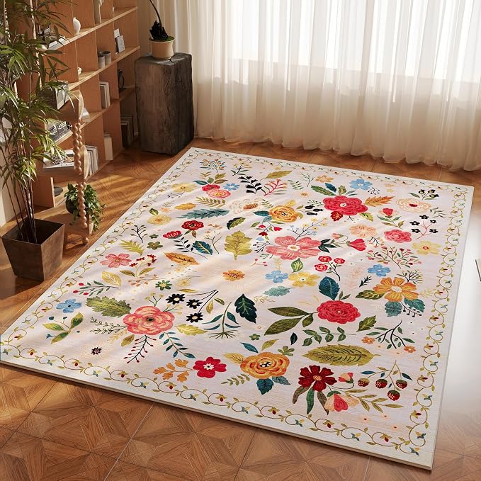 Rugcomf Area Rug 4x6 Rug Washable Boho Rugs Non Slip Low Pile Floral Small