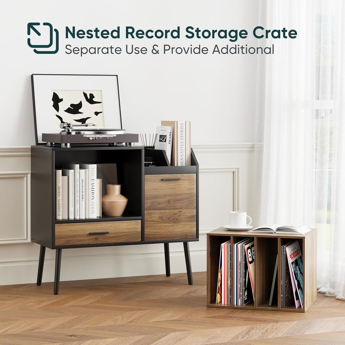 Semiocthome Record Player Stand with Nesting Vinyl Storage Crate, Record Player Table with a Drawer, a Cabinet, CDs Storage Area, Side End Table with Solid Wood Legs for Turntables for Living Room