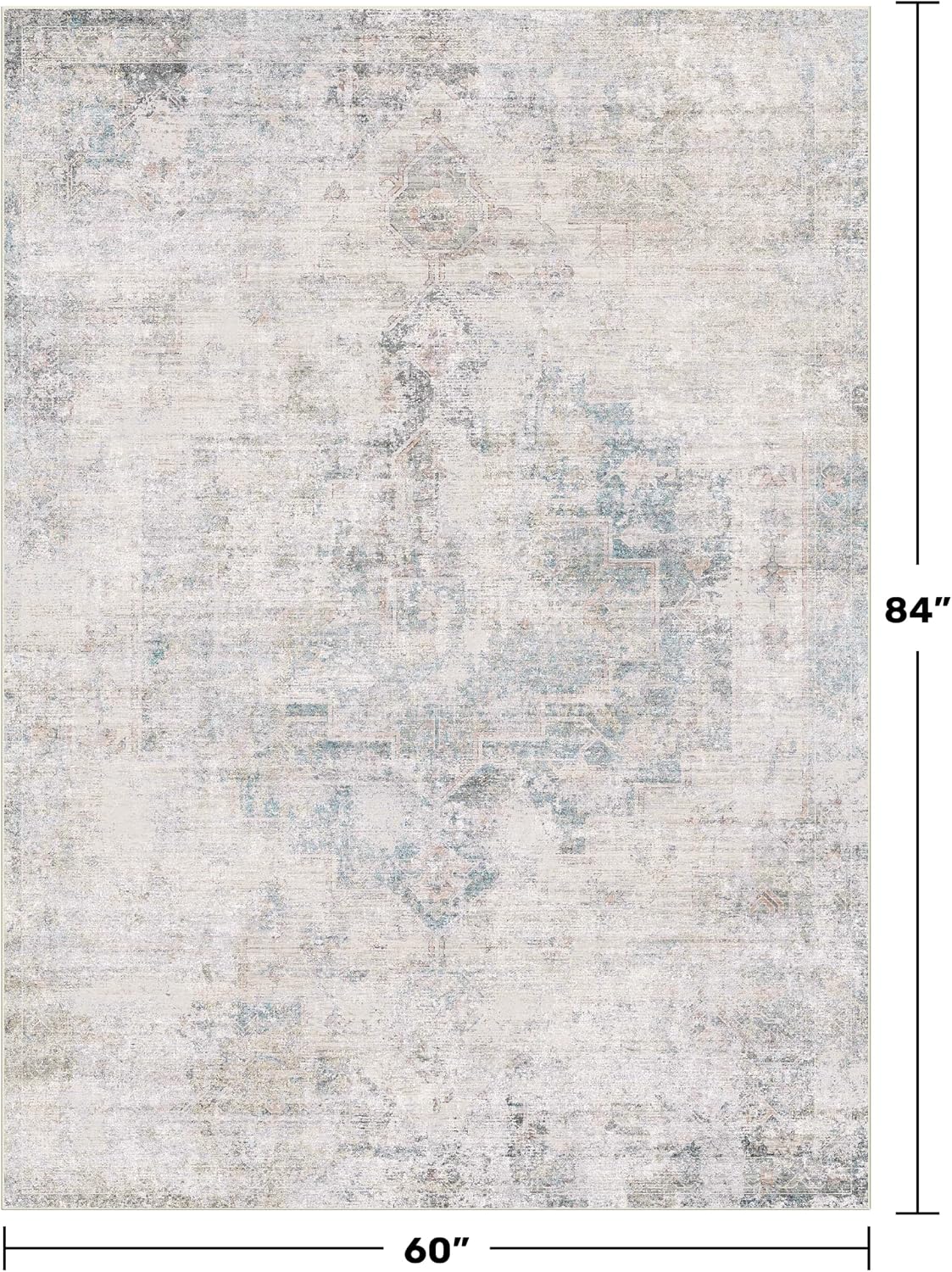Low Pile Office Rugs for Rolling Chairs - 5x7 Abstract Rugs for Living Room, Large Entryway, Cream Slate Blue Decor, Non Slip with Rubber Backed & Stain Resistant, Distressed Design