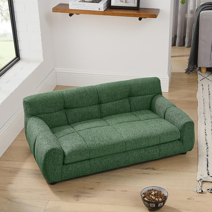 38" Dog Couch Bed for Large with Backrest and Armrest, Modern Pet Bed Comfortable Dog Couch for Medium and Large Dogs, Linen Fabric (Green)