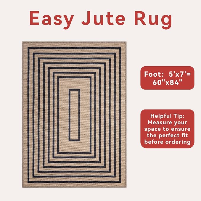 Easy Jute Rug 5x7 Large Washable Area Rug