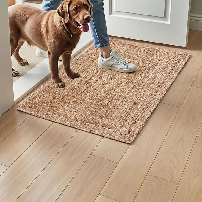 Hausattire Hand Woven Jute Braided Rug, Reversible Boho Entry Area Rugs