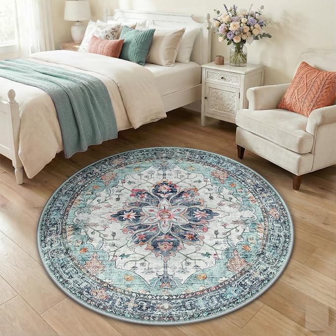 RELEANY Area Rugs Round 4ft Washable Non-Slip, Floral Vintage Distress