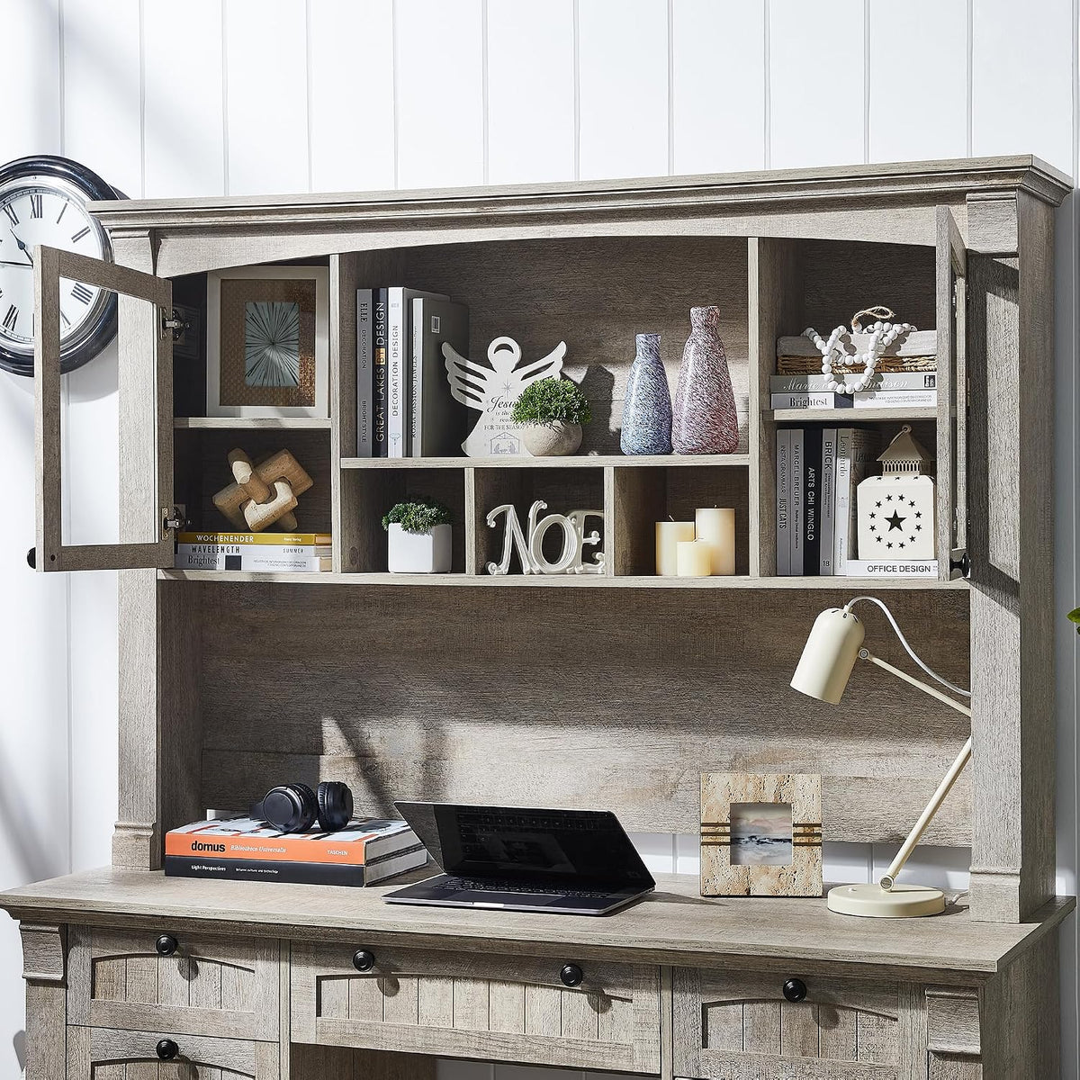 OKD 60" Farmhouse Desk Hutch, Glass Door Storage Cabinet, Gray Oak