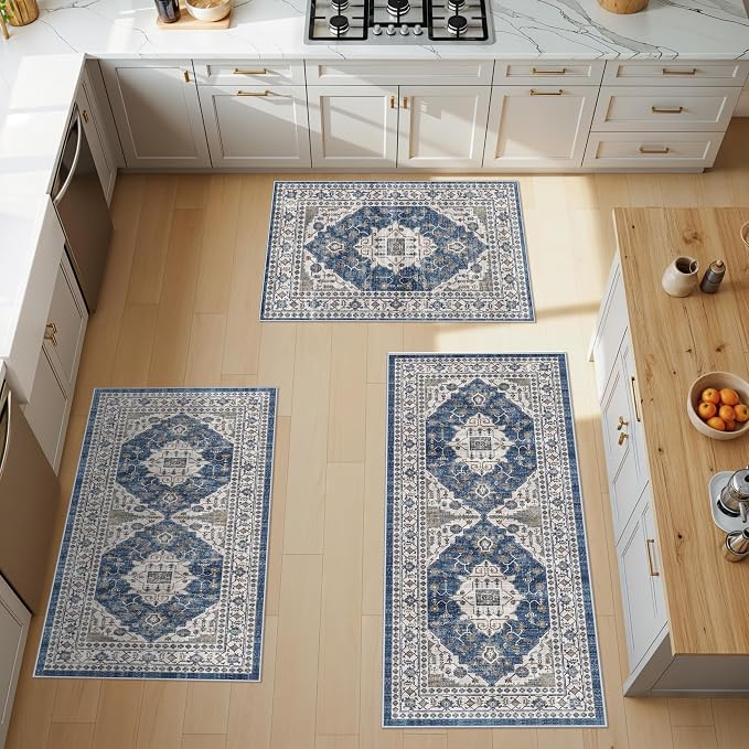 Washable 4-Piece Kitchen Floor Mats: Farmhouse Non-Slip Kitchen Sink Rug Easy
