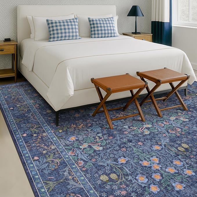 Washable Dark Blue Rug for Living Room