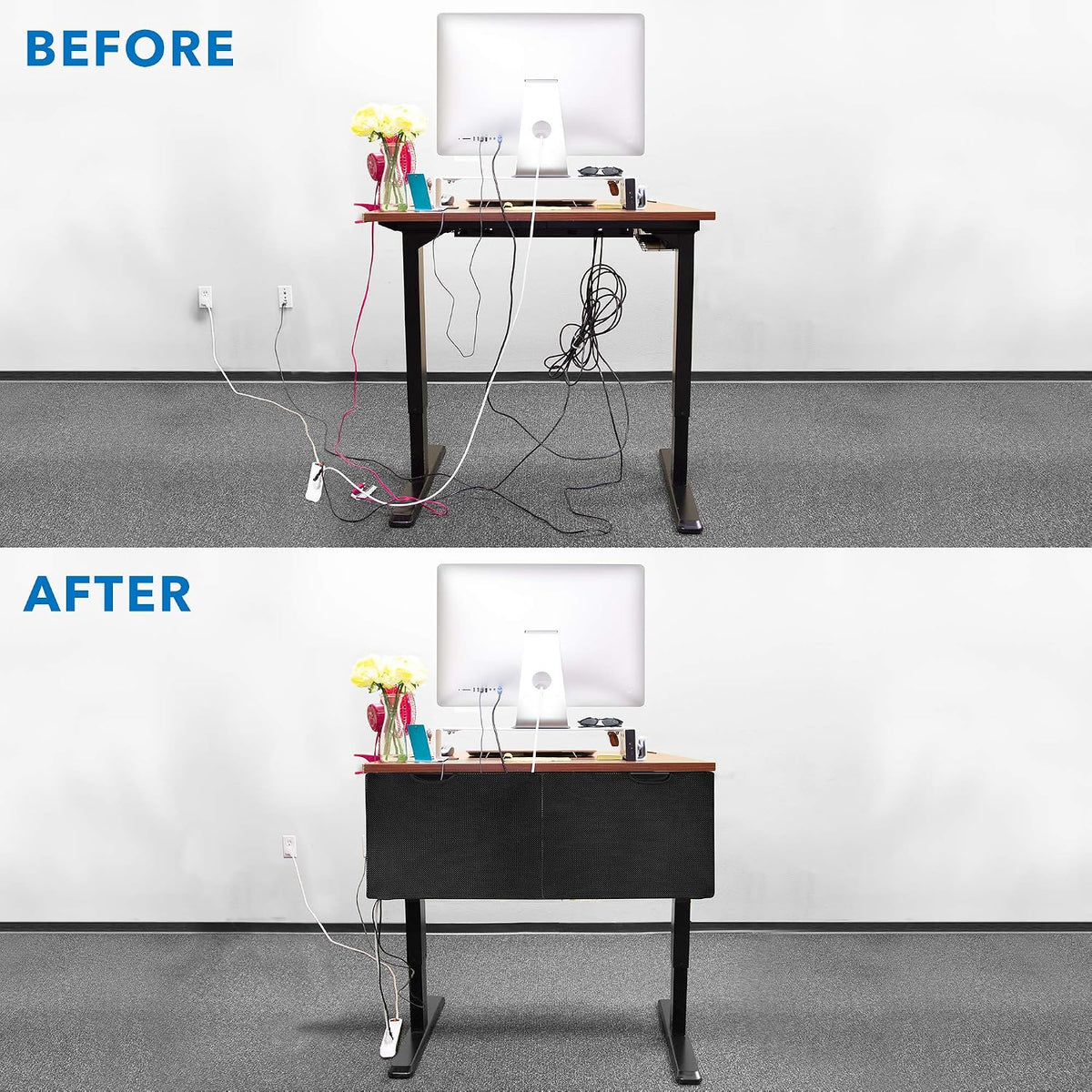 Mount-It! Under Desk Privacy Panel for Sit Stand Workstations [41 Inches Wide], with Cable Management and Organizer Pockets, Modesty Desk Skirt for Home and Office (Black)