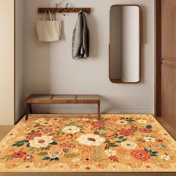 DUKINO 4x6 Area Rug, Lightweight Non Slip Washable Floral Rug, Indoor Low Pile