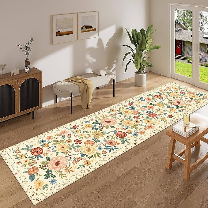 DUKINO 2.6x12 Kitchen Runner Rug, Lightweight Floral Washable Rug