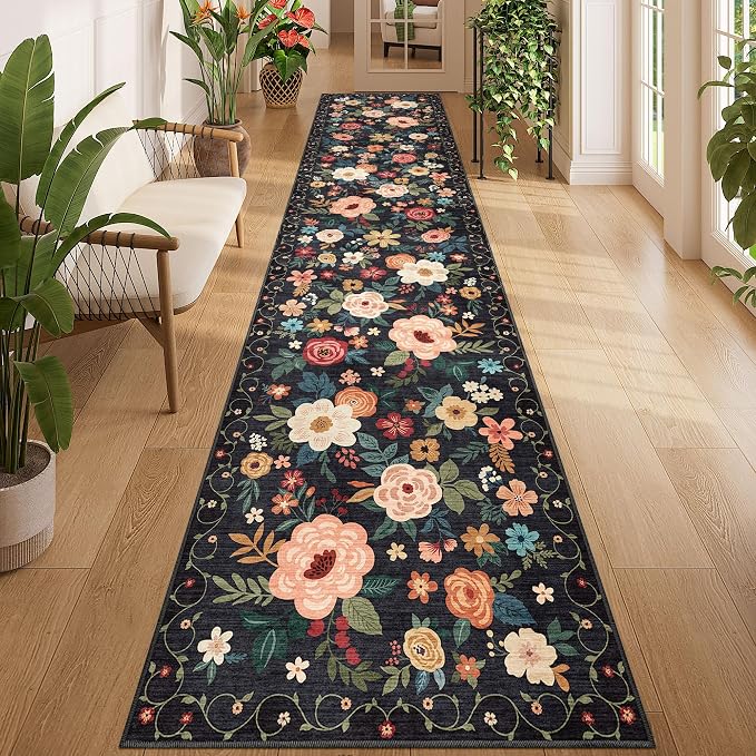 DUKINO 2.6x12 Kitchen Runner Rug, Lightweight Floral Washable Rug