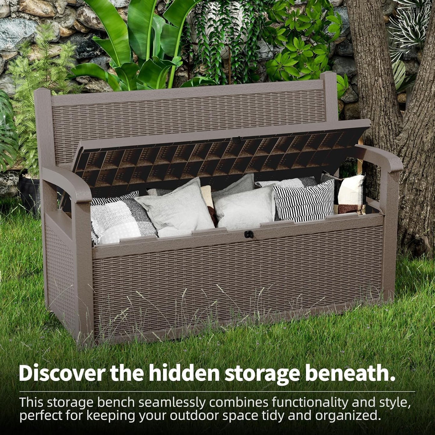 80 Gallon Storage Bench Deck Box, Waterproof and Lockable Outdoor Storage Furniture for Patio, Garden, and Porch – Perfect for Storing Garden Tools and Cushions (Gray)