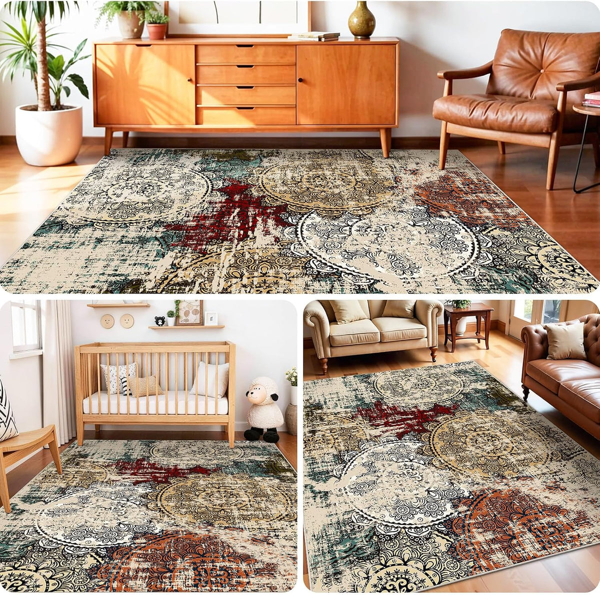 Washable 4x5 Area Rug Abstract: Red Soft Non-slip Mat Bathroom Households