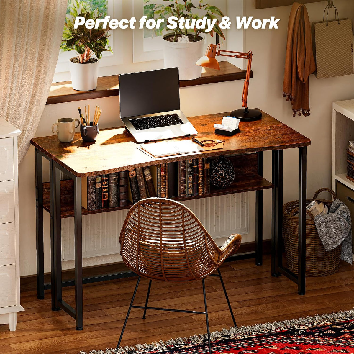 Huuger Folding Desk with Storage Shelf, 39.3 Inch Foldable Computer Table
