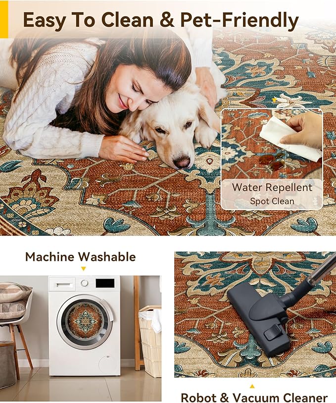 RELEANY Area Rugs Round 8ft Washable Non-Slip, Floral Vintage Distress