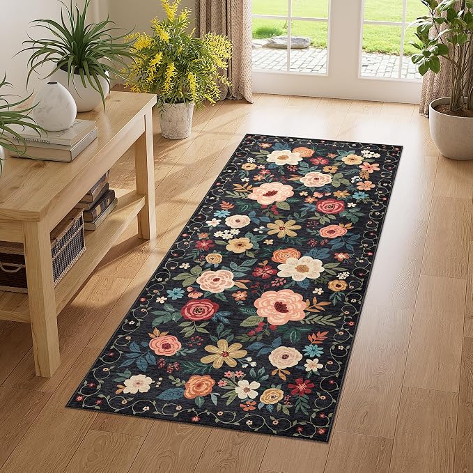 DUKINO 2x5 Runner Rug for Hallway, Washable Kitchen Floral Runner Rug