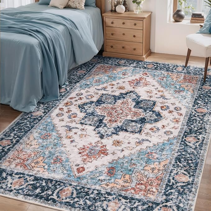 SERISSA 4x6 Boho Bedroom Rug, Washable Non Slip Vintage Blue Orange Area Rugs