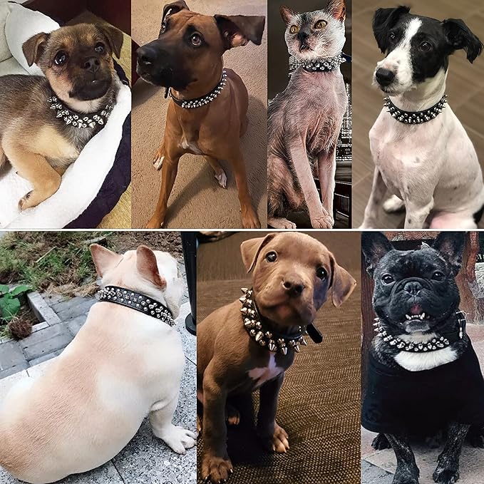 TEEMERRYCA Adjustable Microfiber Leather Spiked Studded Dog Collars with a Squeak Ball Gift for Small Medium Large Pets Like Cats/Pit Bull/Bulldog/Pugs/Husky, Black, XS 8.3-10.6 inches