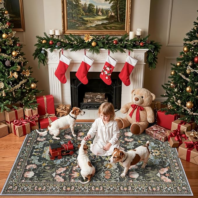 Washable 4x6 Bedroom Rug for Family: Non-Slip Floral Small Carpet for Living