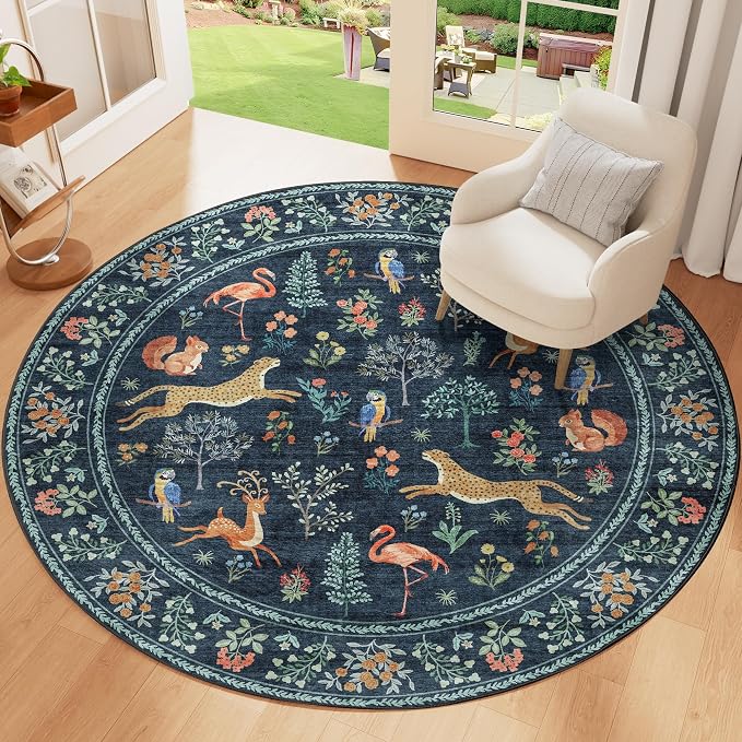 DUKINO 4ft Round Rug, Washable Round Area Rug, Non Slip Indoor Low Pile Animal