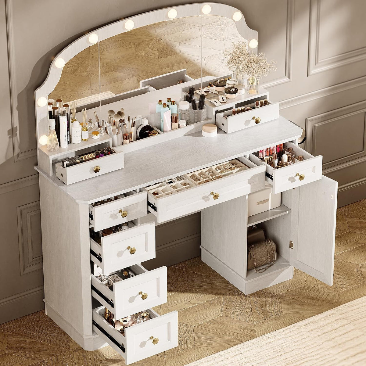 Farmhouse Makeup Vanity Desk with Mirror and Lights, 47'' Vanity Table with 8 Storage Drawers 1 Cabinet & 2 Organizer Trays, Big Dressing Table with Charging for Bedroom Classic White