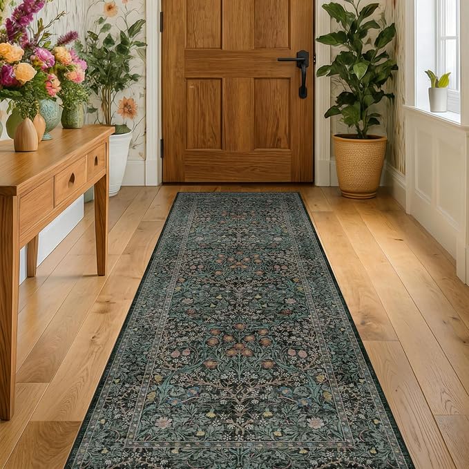 Dark Green Washable 2x8 Runner Rug Non Slip