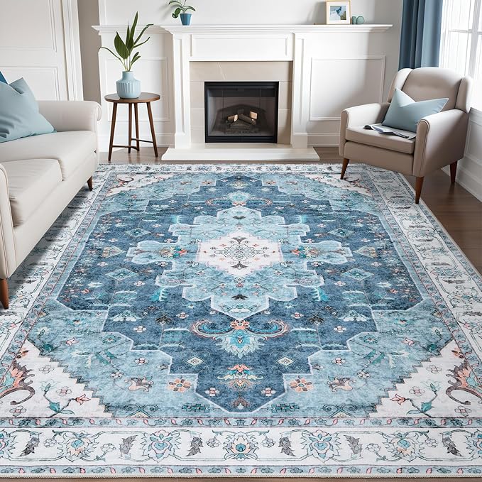 SERISSA Boho 8x10 Area Rugs Blue, Washable Vintage Large Living Room Rug