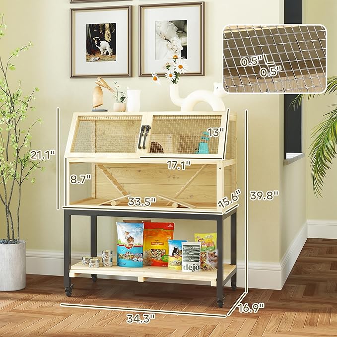 PawHut Hamster Cage with Storage Shelf, Wooden Rat Cage on Wheel, Small Aniaml Cage with Seesaws, Water Bottle, Hut & Ramps, for Dwarf, Gerbil, Syrian Hamster, Mouse, 34" L x 17" W x 40" H