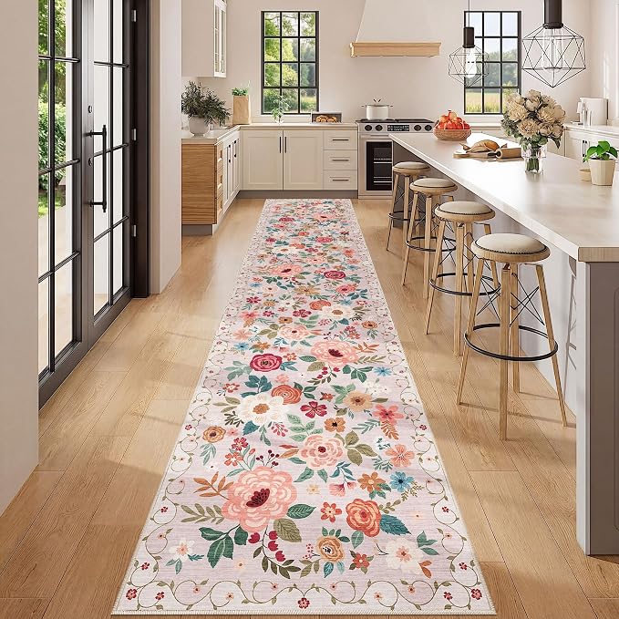 DUKINO 2.6x12 Kitchen Runner Rug, Lightweight Floral Washable Rug