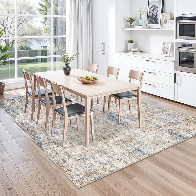 Washable 8x10 Area Rug – Modern Neutral Abstract Soft Non-Slip Stain-Resistant