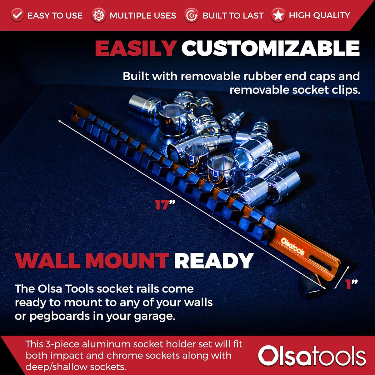 Olsa Tools 3pc Drive Socket Holder Rail, Red Aluminum, 58 Clips